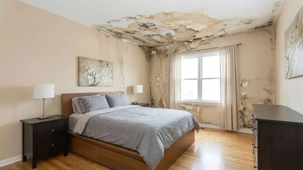 bedroom with severe water damage, showing a large stained and peeling ceiling with mold growth spreading across the ceiling and walls near the window
