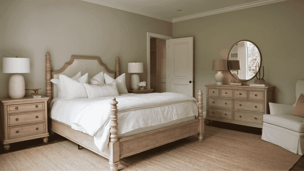 bedroom with soft blue walls, navy accent wall, and white furniture.