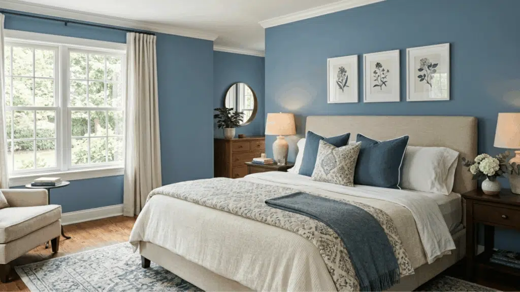 bedroom with soft blue walls, neutral bedding, wood furniture, and large windows.
