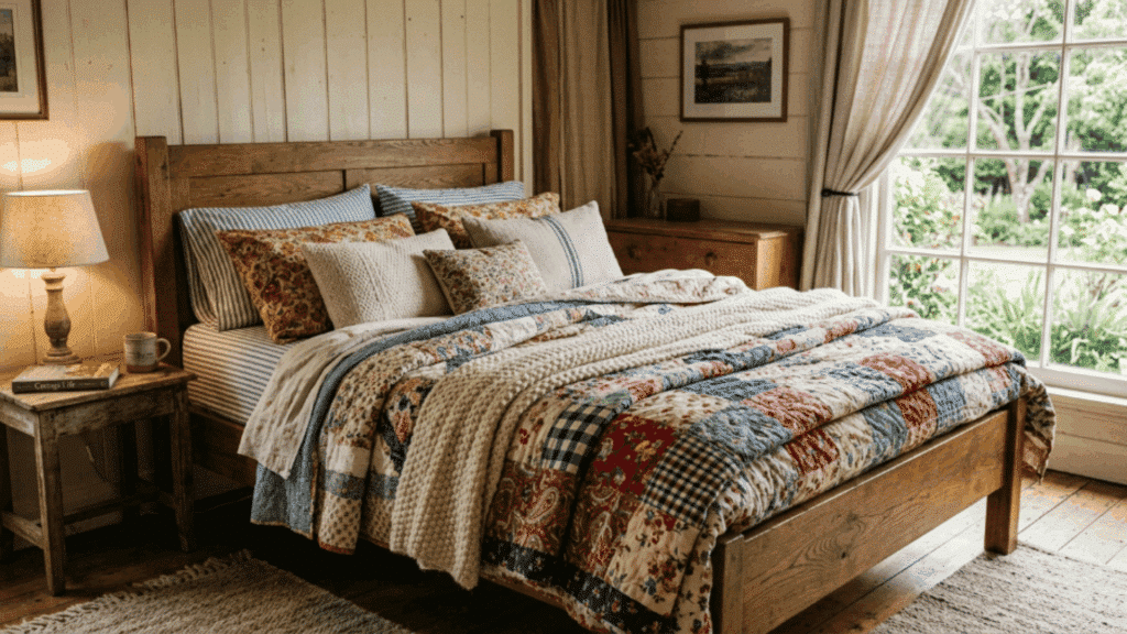 bedroom with wooden bed layered quilts soft pillows warm tones and relaxed cottage feel creating a cozy and comfortable sleeping space