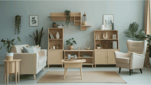 beige living room with matching shelves, coordinated furniture, indoor plants, and soft blue walls creating harmony.
