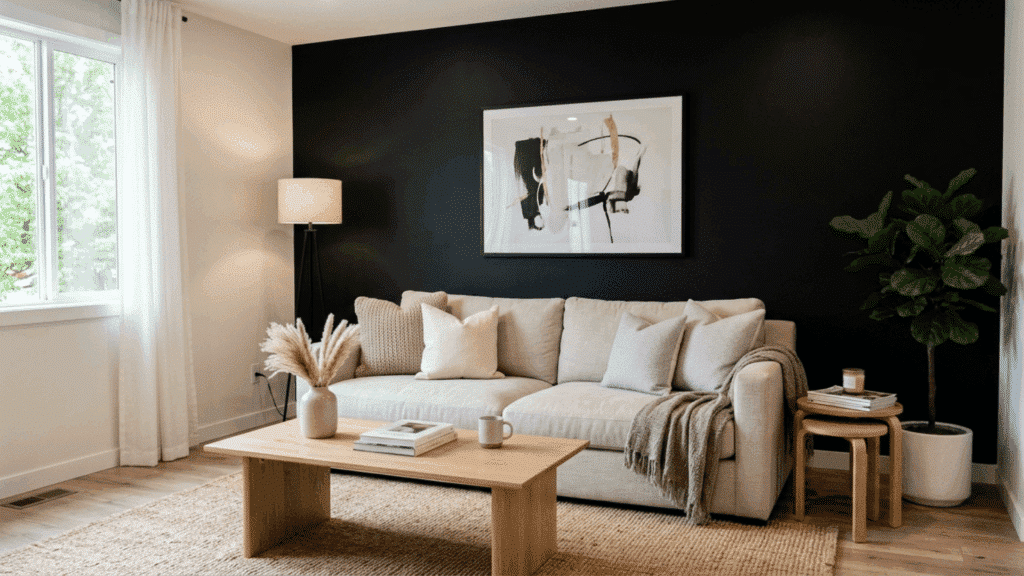 black accent wall with light sofa, wooden table, and minimalist modern styling.
