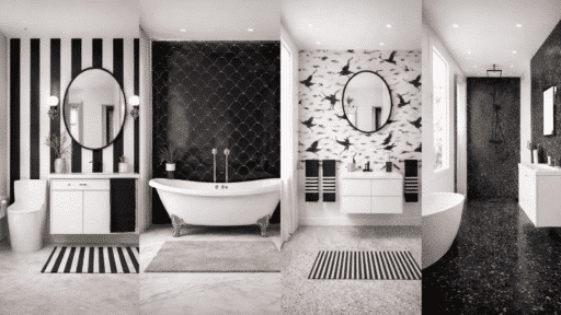 black and white bathroom collage featuring four styles striped wall vanity, fish scale tile tub, crane wallpaper vanity, and terrazzo wet room. (1)