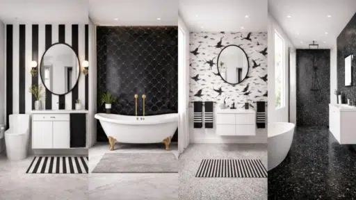 black and white bathroom collage featuring four styles striped wall vanity, fish scale tile tub, crane wallpaper vanity, and terrazzo wet room. (1)