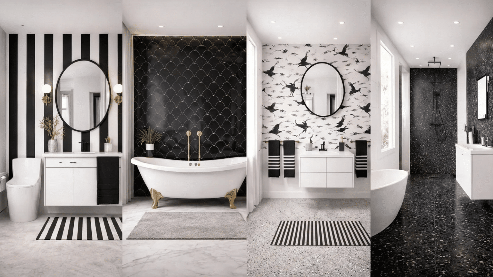 black and white bathroom collage featuring four styles striped wall vanity, fish scale tile tub, crane wallpaper vanity, and terrazzo wet room. (1)