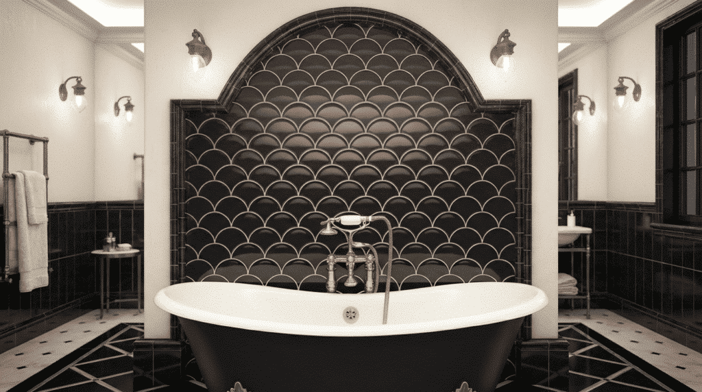 black and white bathroom with black fish scale tile feature wall, white clawfoot tub, and brass fixtures creating an elegant focal point.