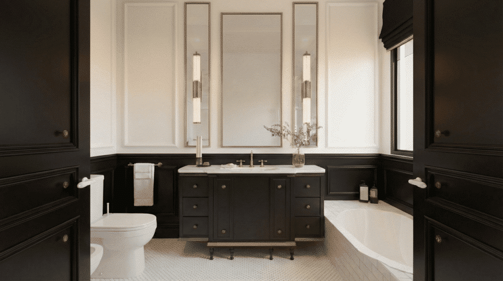 black and white bathroom with brass faucet and mirror frame, matte black fixtures, white walls, creating warm elegant contrast.