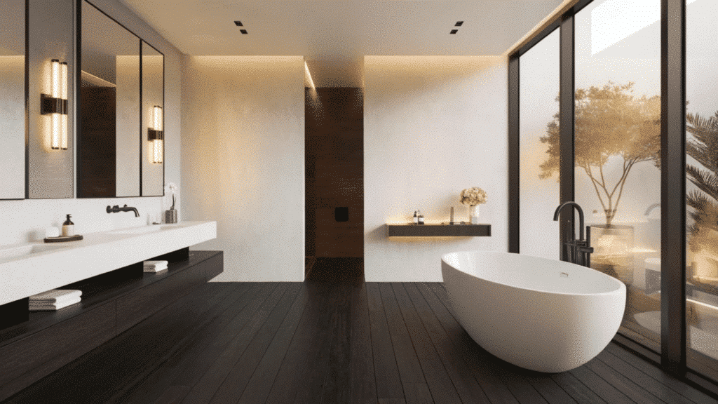 black and white bathroom with dark stained wood floor, white walls, freestanding tub, and matte black fixtures creating a spa-like look.