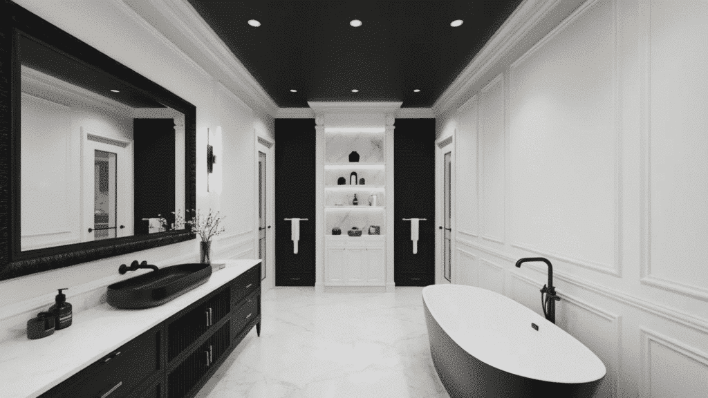 black and white bathroom with matte black ceiling, recessed lighting, white vanity, black mirror, and freestanding tub creating bold contrast.