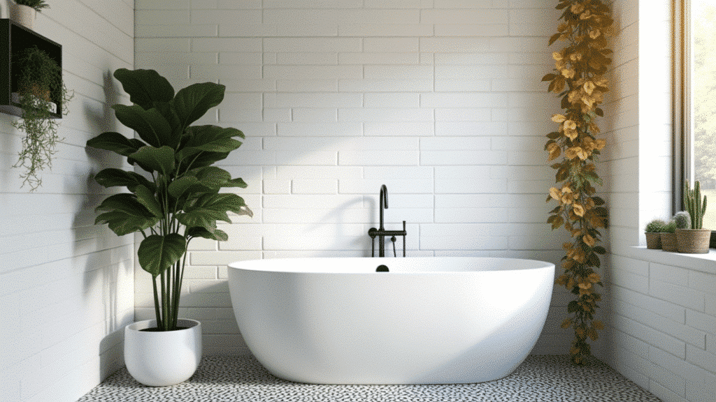 black and white subway tile bathroom with large monstera plant, trailing pothos and small cacti on the windowsill