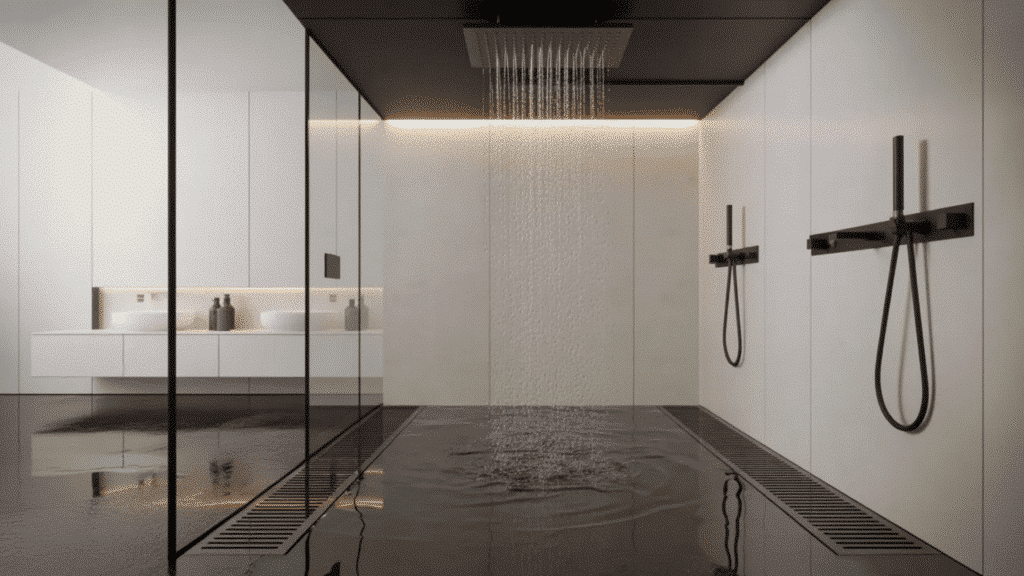 black and white wet room bathroom design idea with sleek tiles, open shower area, and minimalist modern layout for a clean look