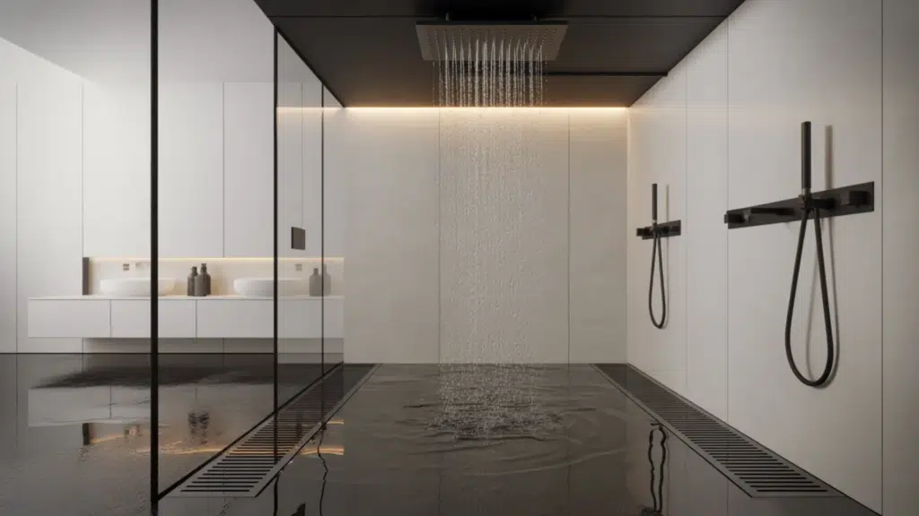black and white wet room bathroom design idea with sleek tiles, open shower area, and minimalist modern layout for a clean look