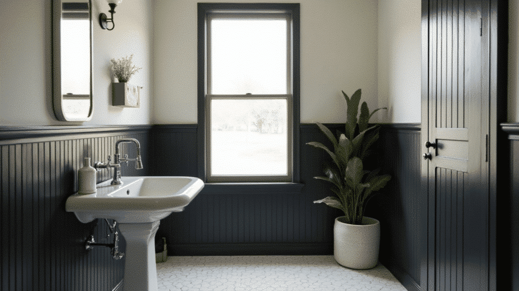 black beaded board wainscoting with white subway tile and chrome pedestal sink in a classic black and white bathroom