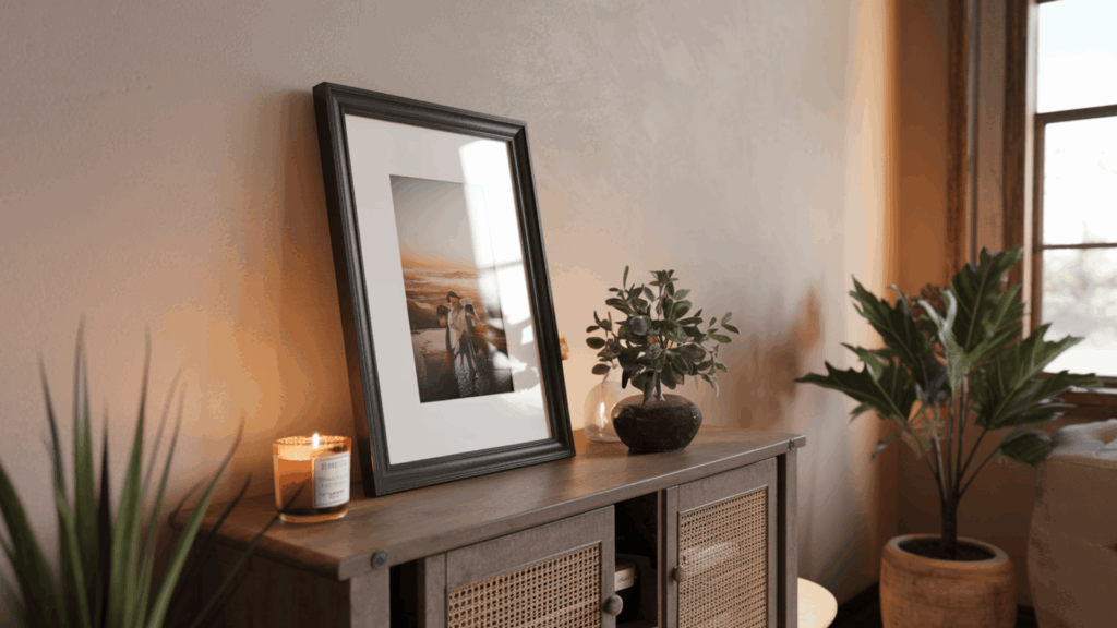 black framed photograph leaned against a wall on a console table beside a small plant and a single lit candle