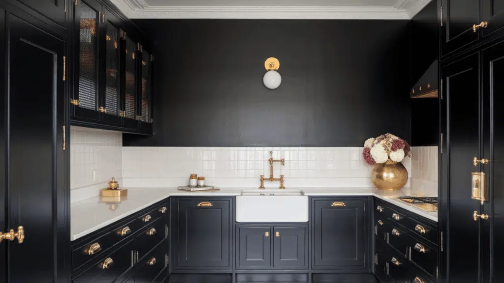 black kitchen with gold hardware, farmhouse sink, white backsplash, and marble countertops.