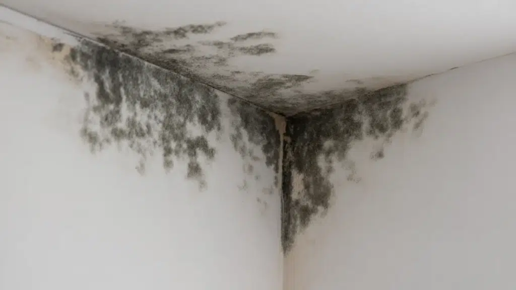 black mold spreading across the upper corner of a white ceiling and wall, concentrated along the seam where moisture has accumulated