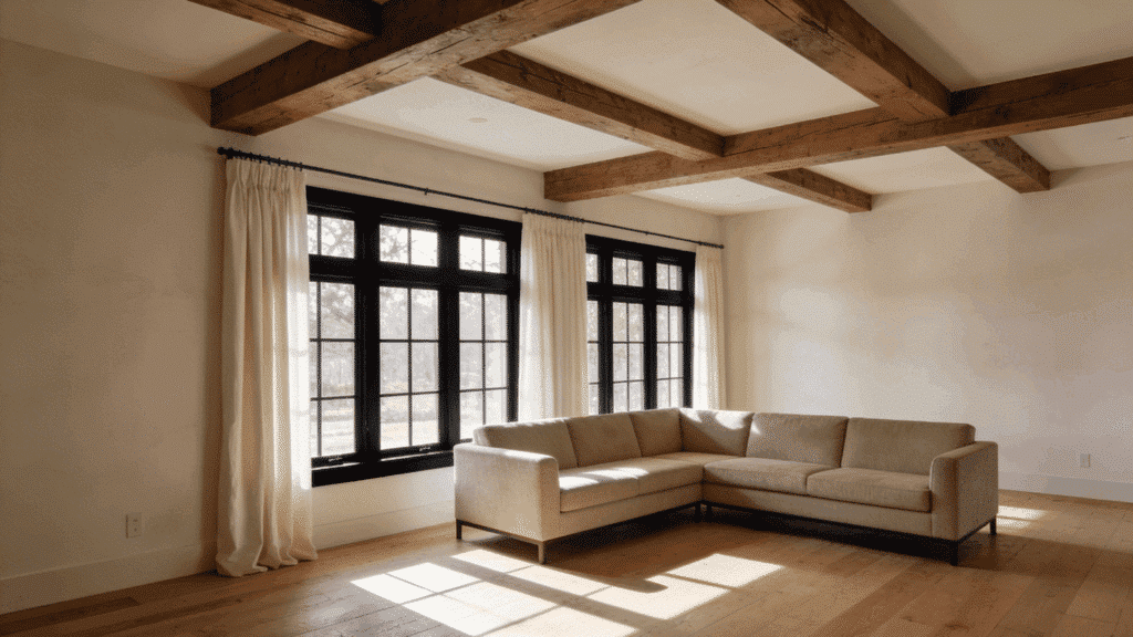 black window frames with cream curtains in bright farmhouse living room
