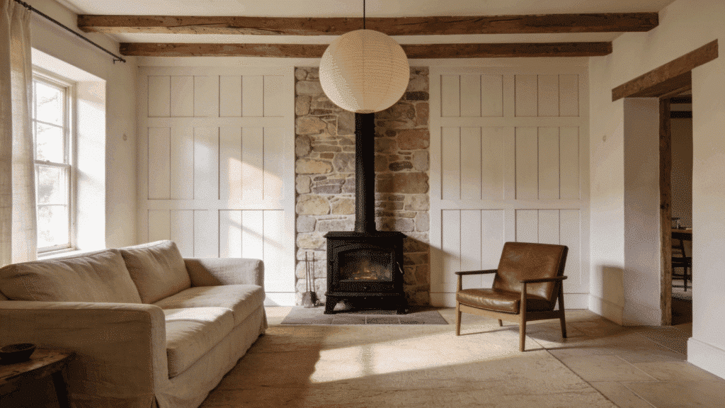 black wood-burning stove with mixed stone and wood textures in farmhouse room