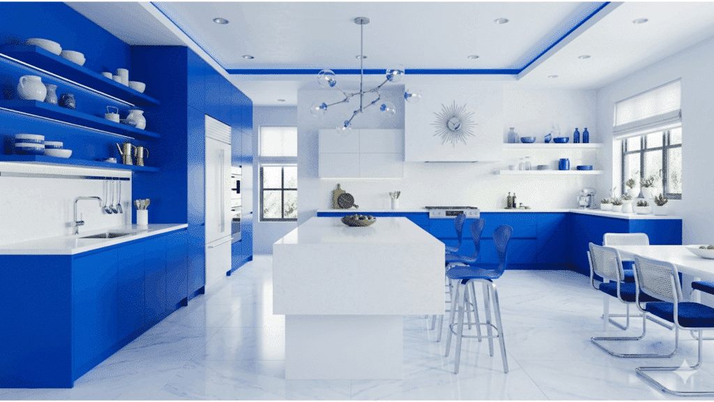 blue and white kitchen with large island, open shelves, and contemporary lighting.