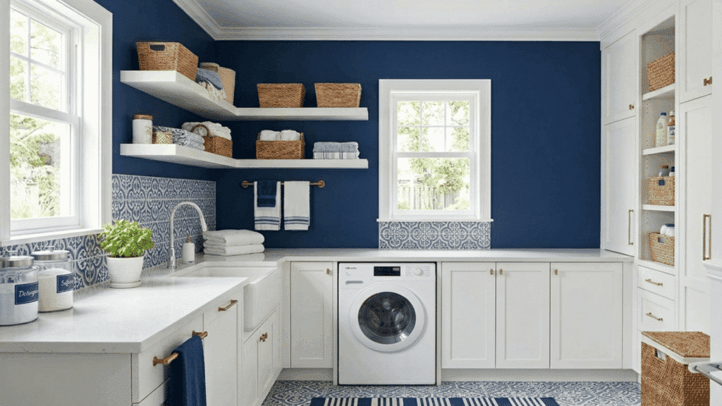 blue and white laundry room with patterned tiles and stacked machines. (2)