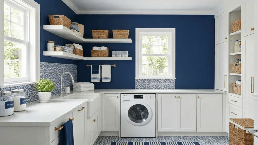 blue and white laundry room with patterned tiles and stacked machines. (2)