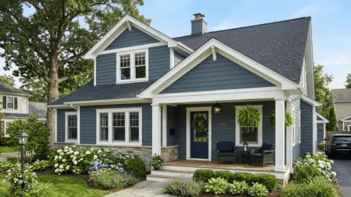 blue-gray house with white trim, gabled roof, cozy front porch, and hydrangea-lined garden.