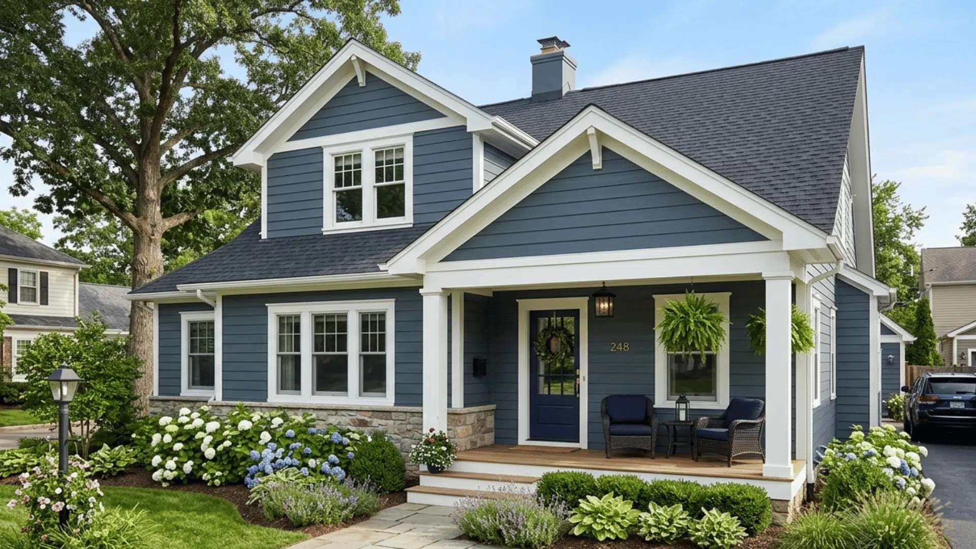 blue-gray house with white trim, gabled roof, cozy front porch, and hydrangea-lined garden.