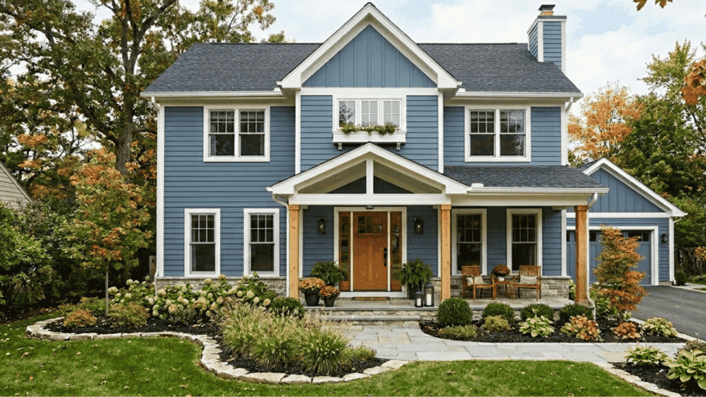 blue house exterior painted in Debonair with white trim and landscaped front yard.