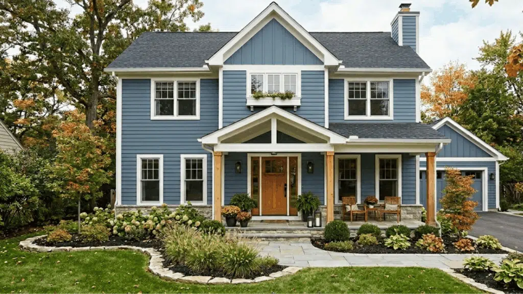 blue house exterior painted in Debonair with white trim and landscaped front yard.