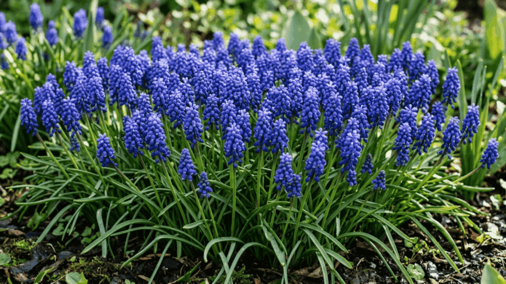 blue muscari flowers with small clustered blooms growing in a bright early spring garden