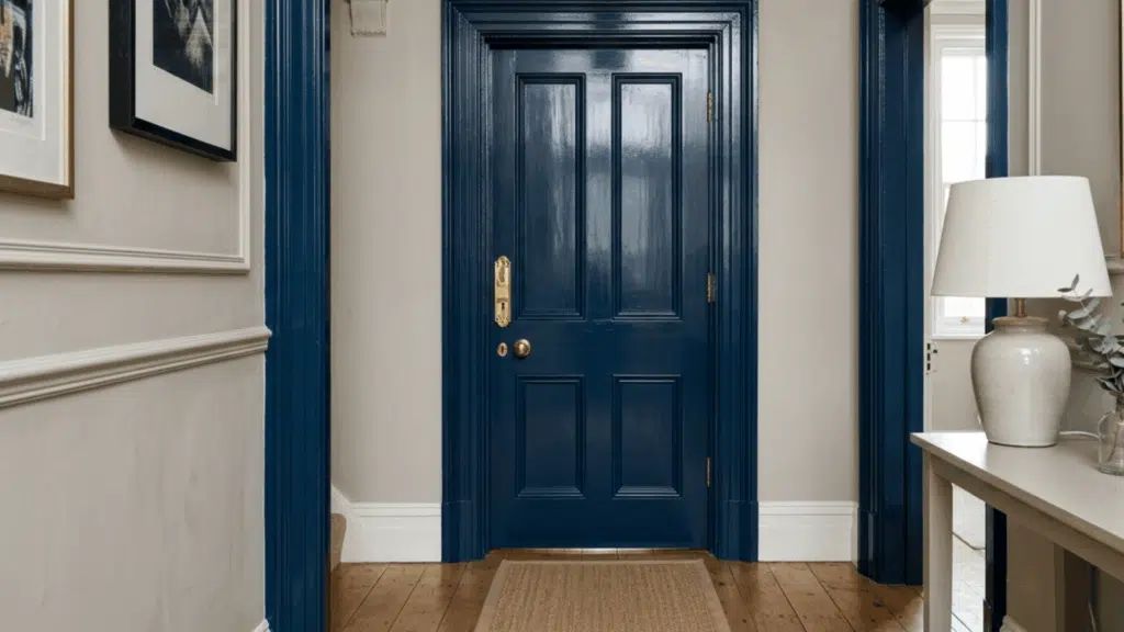 blue oil painted interior door with matching trim in hallway, white walls, wood floor, and side table with lamp