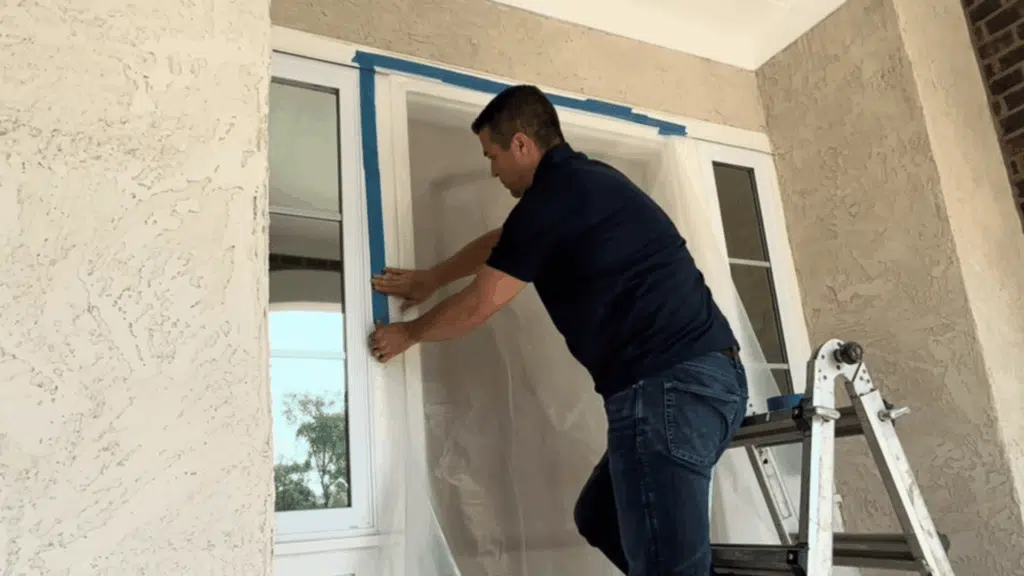 blue painter's tape and plastic sheeting mask the door trim and stucco wall