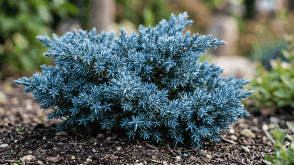 blue star juniper close up showing vivid blue needle clusters strong texture detail plant fully visible not cut from above with smooth blurred background