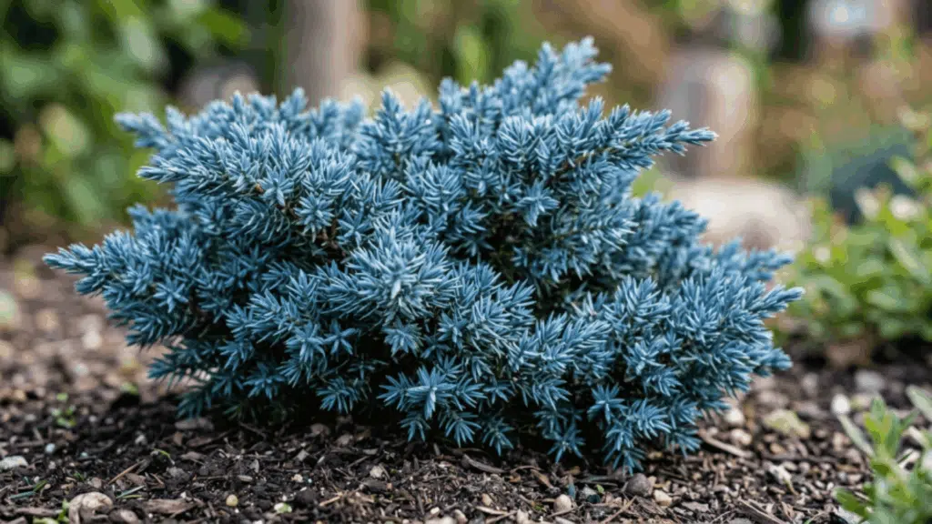 blue star juniper close up showing vivid blue needle clusters strong texture detail plant fully visible not cut from above with smooth blurred background