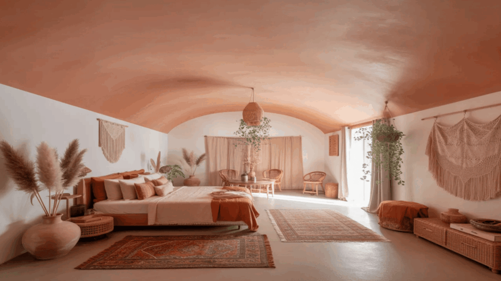 bohemian style bedroom with a terracotta curved ceiling, cozy bed, woven wall decor, and natural elements like plants and rugs