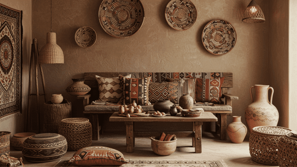 boho living room with wooden bench, patterned cushions, woven wall plates, clay pots, and warm earthy decor accents