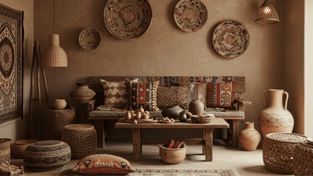boho living room with wooden bench, patterned cushions, woven wall plates, clay pots, and warm earthy decor accents