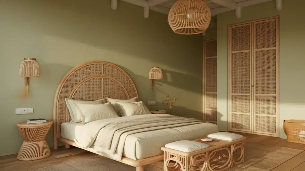 boho style bedroom with green walls, a rattan bed frame, woven light fixtures, and matching cane wardrobe