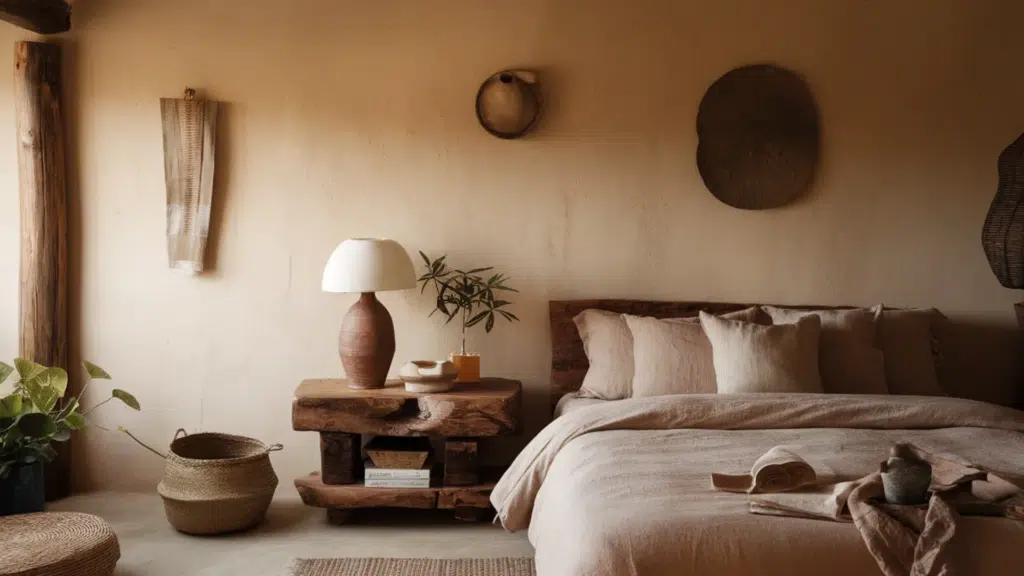 boho style bedroom with neutral bedding, rustic wooden nightstand, ceramic lamp, woven decor, and warm earthy tones