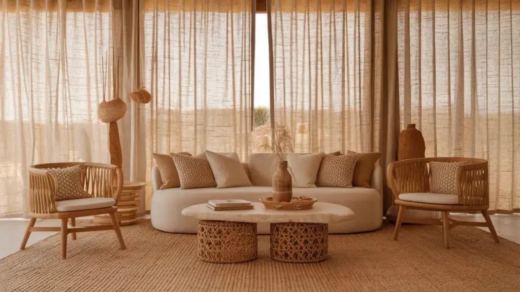 boho textured weave curtains in natural fiber fabric, softly filtering light in a relaxed bohemian living room with woven decor