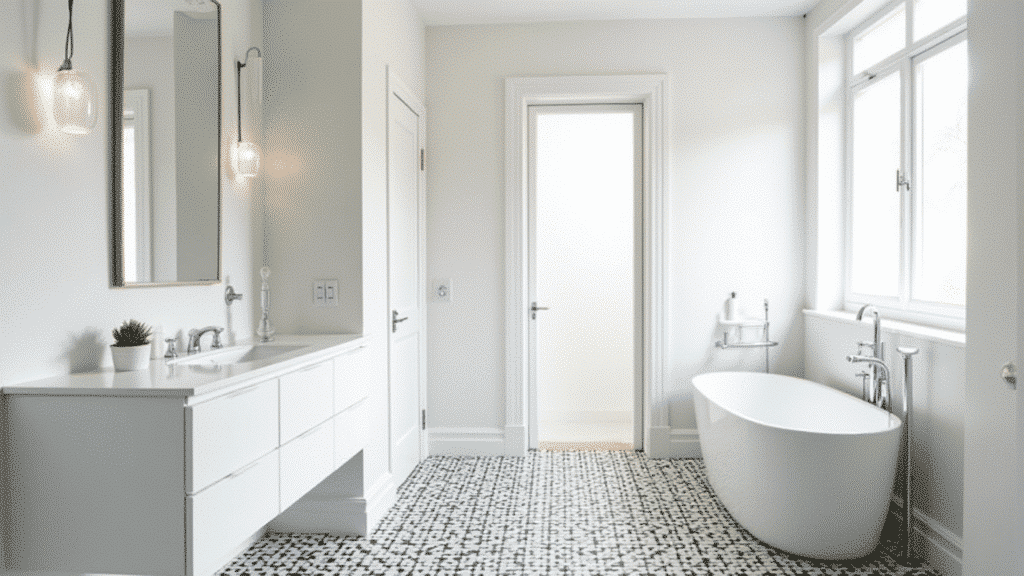 bold black and white diamond checkerboard floor tile in a bright minimal bathroom with plain white walls