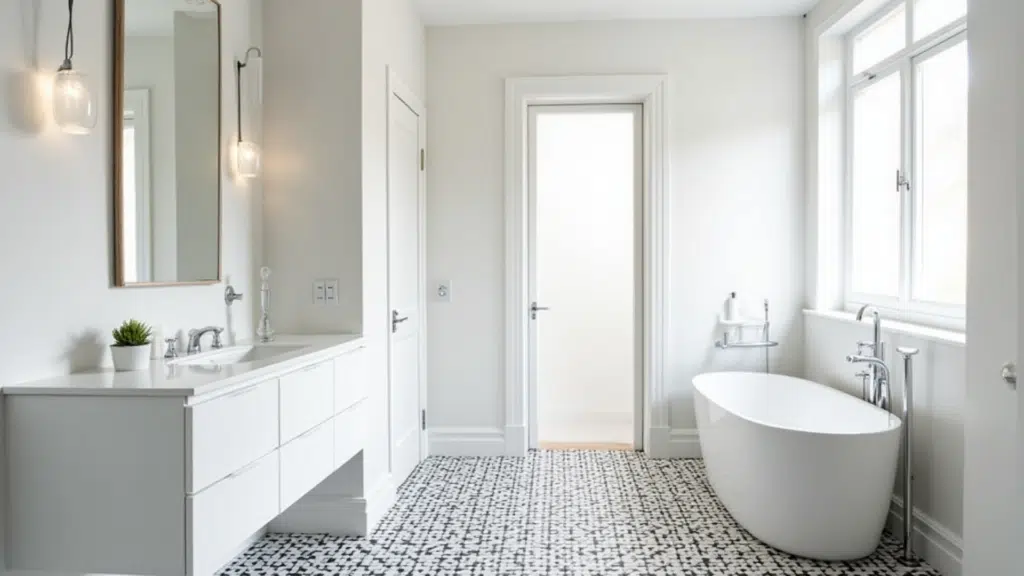 bold black and white diamond checkerboard floor tile in a bright minimal bathroom with plain white walls