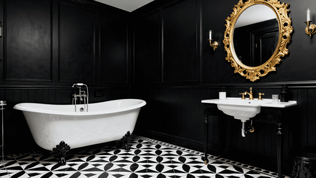 bold black eclectic bathroom with deep black walls, vintage gold mirror, patterned black-white floor tiles, and a white freestanding tub.