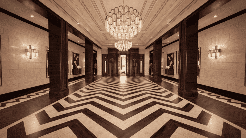bold chevron floor in a grand entryway with dark wood tones and high ceilings making the flooring pattern the centerpiece of the room