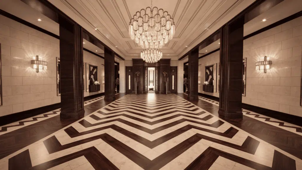 bold chevron floor in a grand entryway with dark wood tones and high ceilings making the flooring pattern the centerpiece of the room