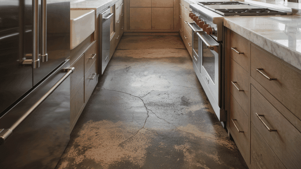 bold chevron floor tiles in a galley kitchen adding visual interest and personality.