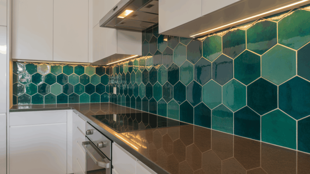 bold geometric backsplash in a galley kitchen adding color and texture to the space.