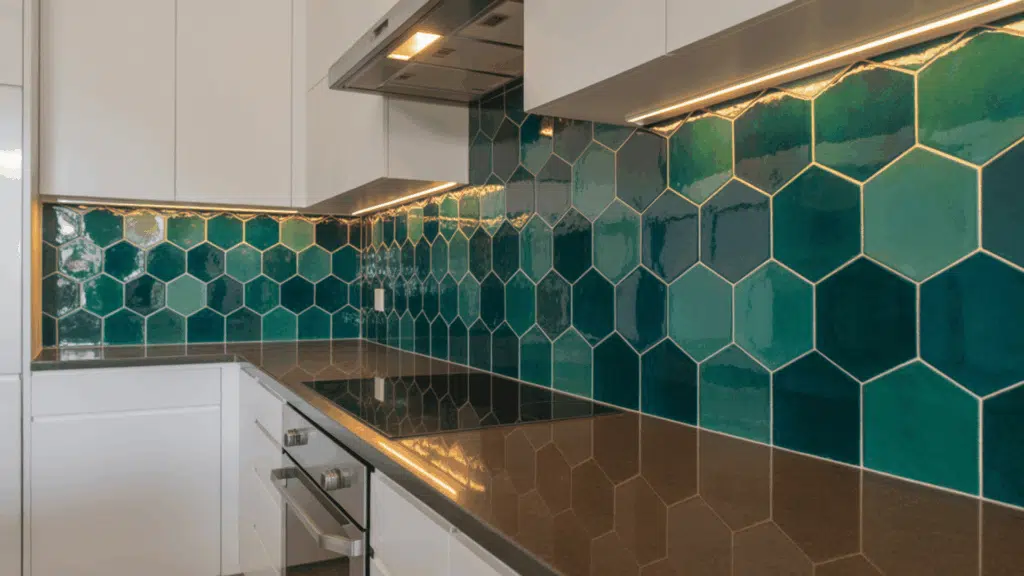 bold geometric backsplash in a galley kitchen adding color and texture to the space.