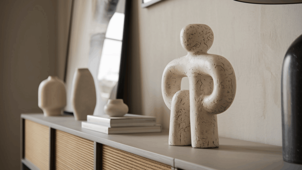 bold matte white sculptural figurine placed off-center on a console table with simple minimal pieces styled around it