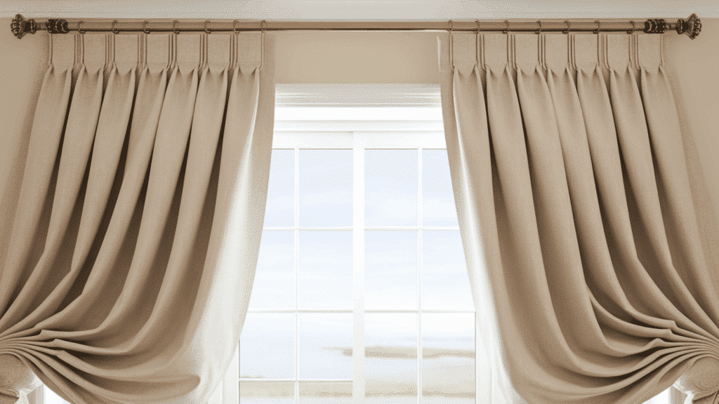 box pleat curtains providing neat, structured folds in an office space.